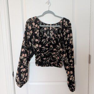 Free People Womens Floral Ruched Long Sleeve Crop Top size S